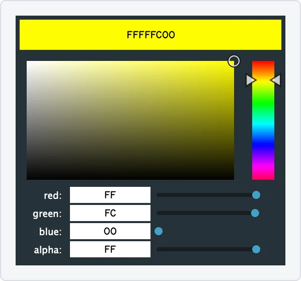 The color picker a stop swatch opens: a color field, a hue strip, and red, green, blue, and alpha sliders with hex fields.