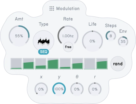 A Sequence modulation popup with step values and envelope shape.