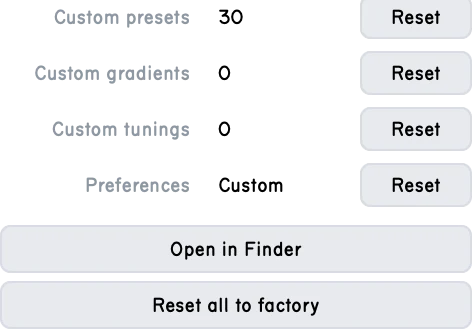 The Storage page with library counts and reset controls.