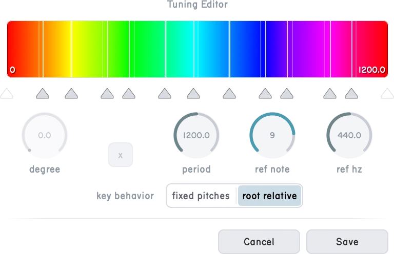 The custom tuning editor with degree rail, reference, and key-behaviour controls.
