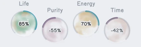 The Life, Purity, Energy, and Time controls with their animated orbs.