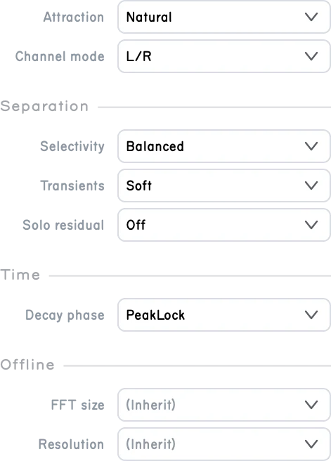 The Audio settings page with its Separation, Time, and Offline groups open.