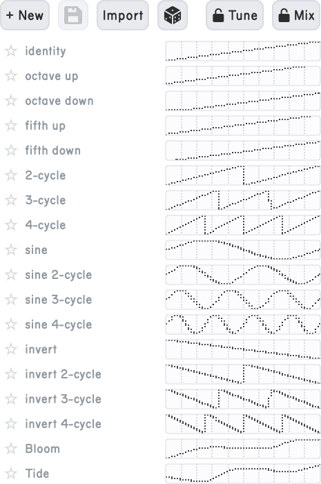 The preset browser with factory and animated user-preset previews.