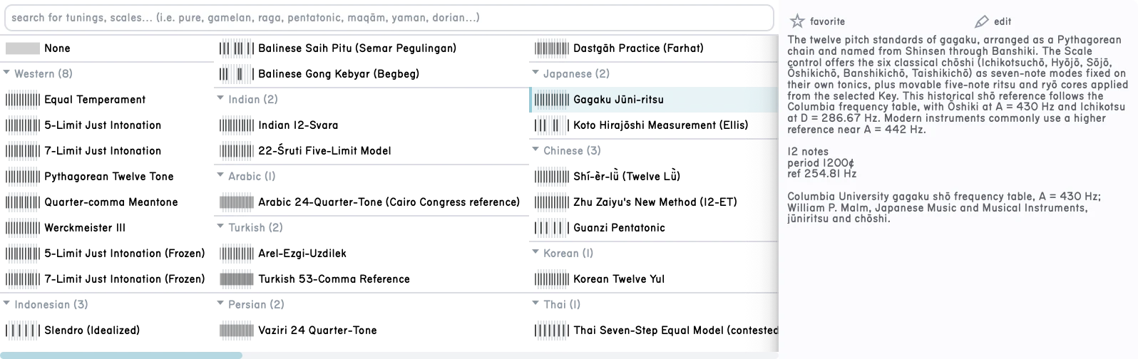 The tuning browser, with tuning categories, pitch structures, and provenance notes.